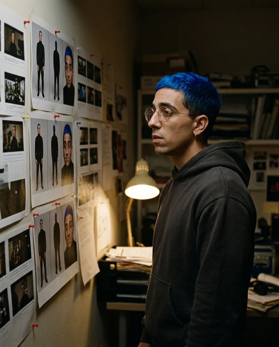 El avatar delante de una pared con sus hojas de personaje