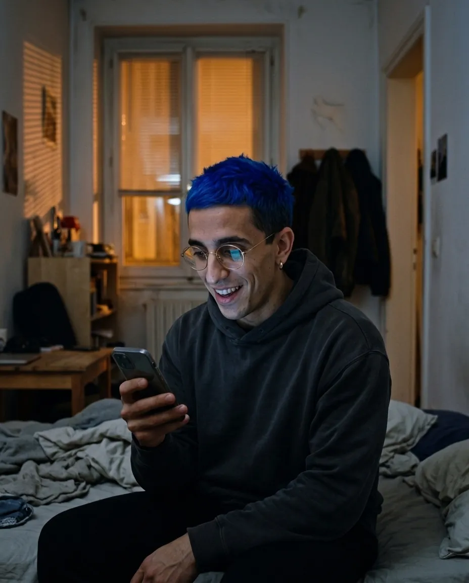 El avatar sonriendo mientras mira el móvil