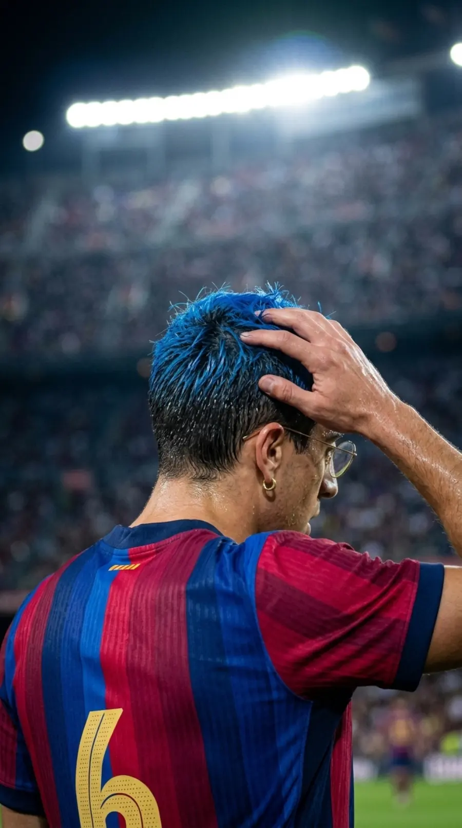 El avatar de espaldas pasándose la mano por el pelo azul