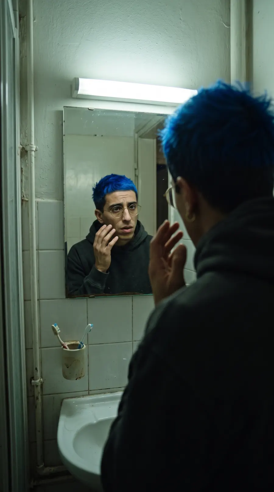 El avatar mirándose en el espejo de un baño de noche