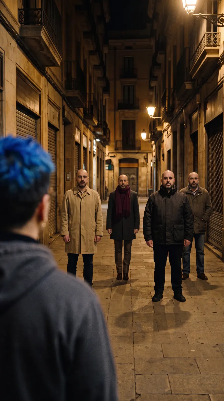 Cuatro peatones con exactamente la misma cara en una calle de noche