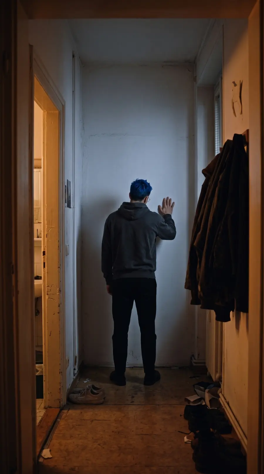 El avatar de espaldas frente a la pared donde debería estar la puerta de su casa