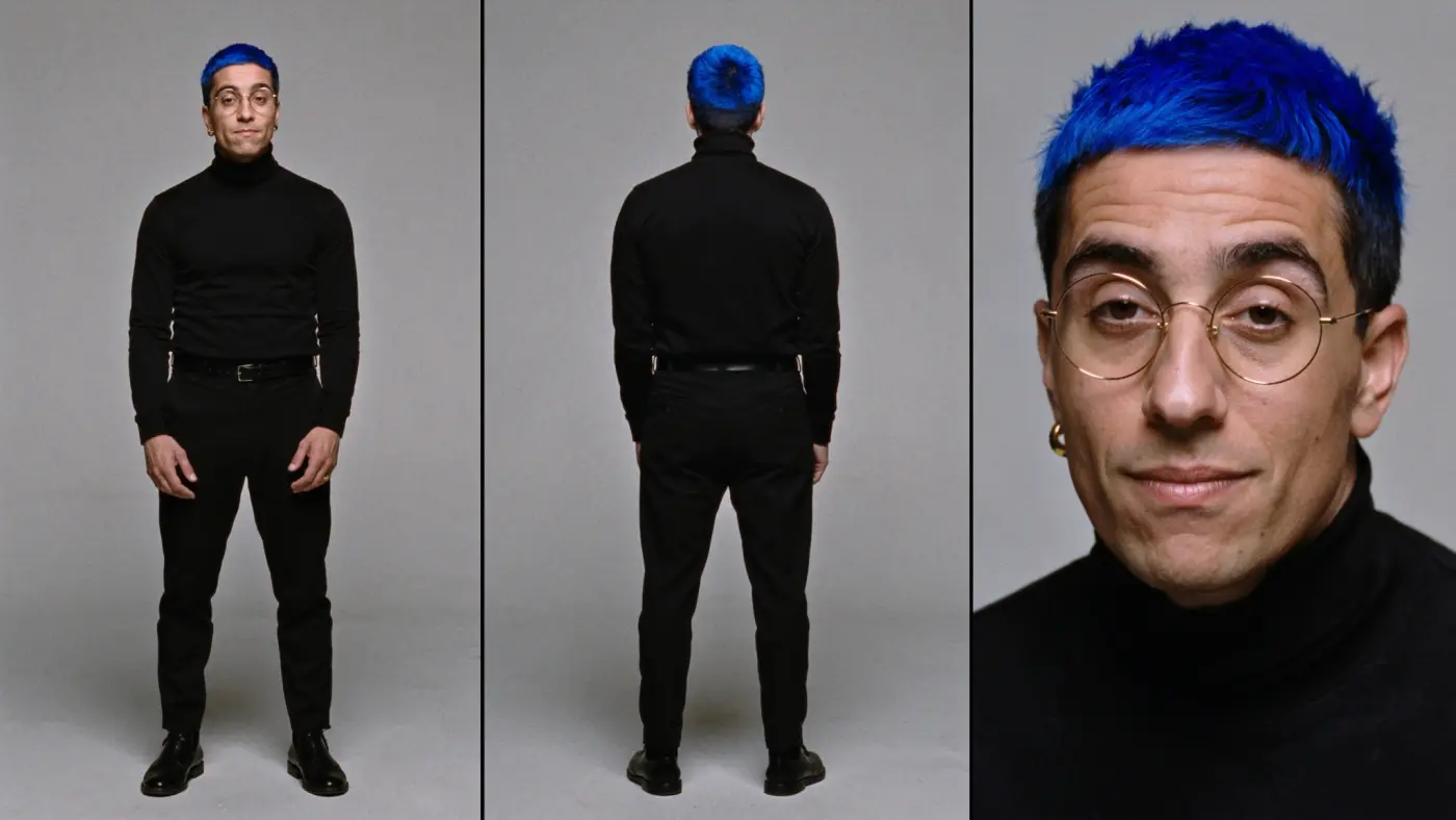 Hoja de personaje del avatar: de frente, de espaldas y primer plano de la cara
