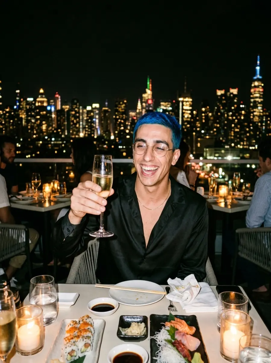El avatar cenando de noche con vistas a la ciudad