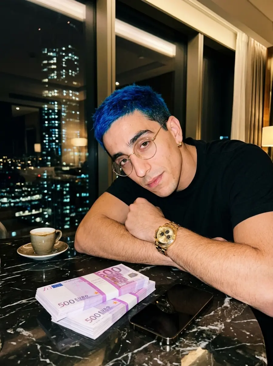 El avatar de pelo azul y gafas doradas, sentado en una mesa de noche